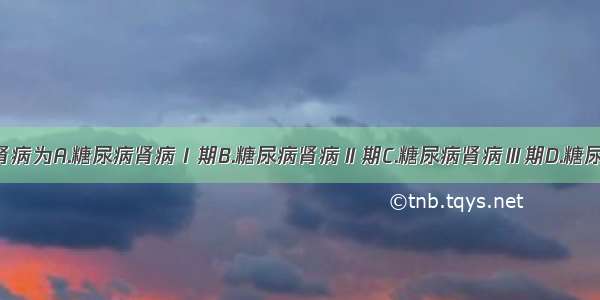 临床糖尿病肾病为A.糖尿病肾病Ⅰ期B.糖尿病肾病Ⅱ期C.糖尿病肾病Ⅲ期D.糖尿病肾病Ⅳ期