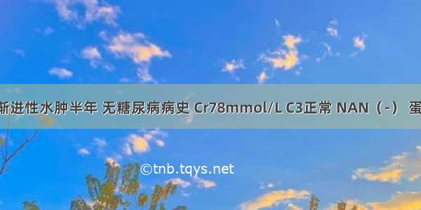 男 54岁 渐进性水肿半年 无糖尿病病史 Cr78mmol/L C3正常 NAN（-） 蛋白尿(++)