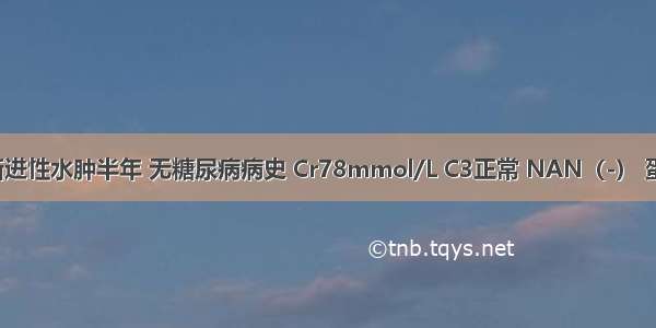 男 54岁 渐进性水肿半年 无糖尿病病史 Cr78mmol/L C3正常 NAN（-） 蛋白尿(++)