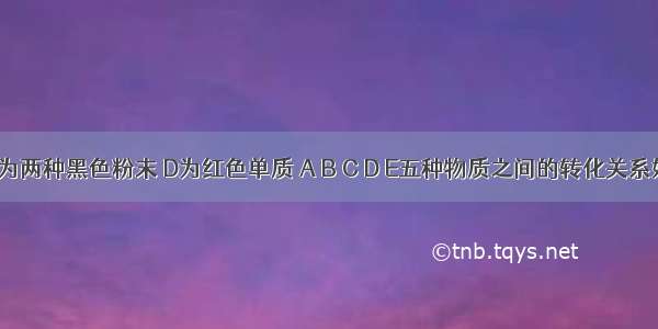 已知A B为两种黑色粉末 D为红色单质 A B C D E五种物质之间的转化关系如图所示