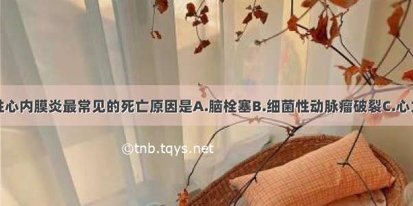 亚急性感染性心内膜炎最常见的死亡原因是A.脑栓塞B.细菌性动脉瘤破裂C.心力衰竭D.肾功