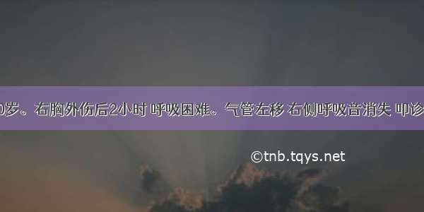 患者男 30岁。右胸外伤后2小时 呼吸困难。气管左移 右侧呼吸音消失 叩诊右侧实音