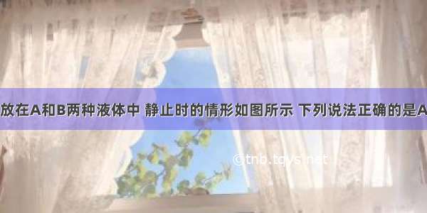 一个球分别放在A和B两种液体中 静止时的情形如图所示 下列说法正确的是A.球在A液体