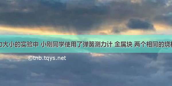 在探究浮力大小的实验中 小刚同学使用了弹簧测力计 金属块 两个相同的烧杯（分别装