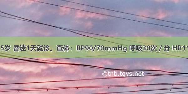 患者 男性 25岁 昏迷1天就诊。查体：BP90/70mmHg 呼吸30次／分 HR115次／分 消