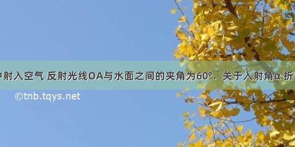 光线从水中射入空气 反射光线OA与水面之间的夹角为60°．关于入射角α 折射光线与水