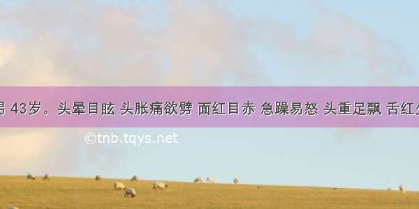 患者 男 43岁。头晕目眩 头胀痛欲劈 面红目赤 急躁易怒 头重足飘 舌红少津 脉