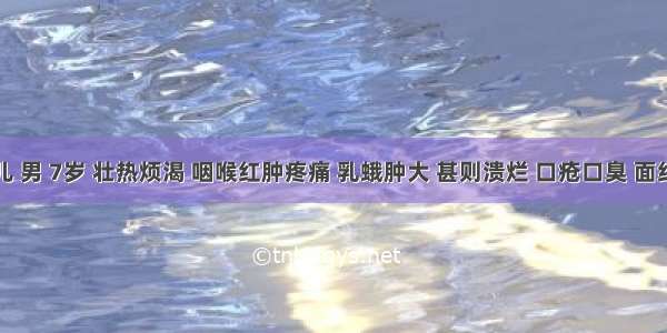 某患儿 男 7岁 壮热烦渴 咽喉红肿疼痛 乳蛾肿大 甚则溃烂 口疮口臭 面红唇赤