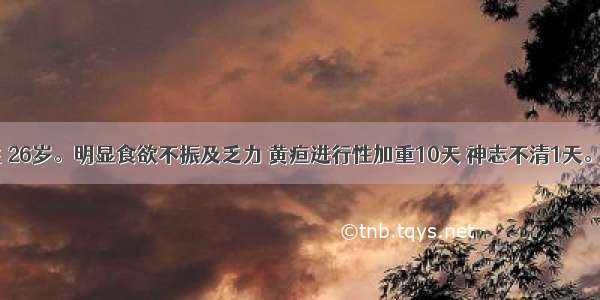 患者 男性 26岁。明显食欲不振及乏力 黄疸进行性加重10天 神志不清1天。查体：嗜