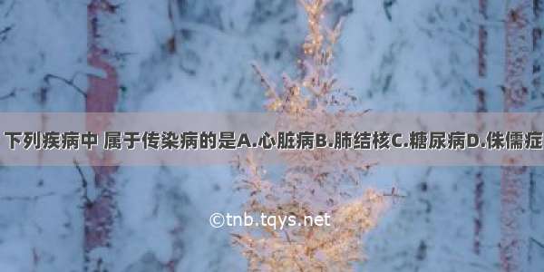 下列疾病中 属于传染病的是A.心脏病B.肺结核C.糖尿病D.侏儒症