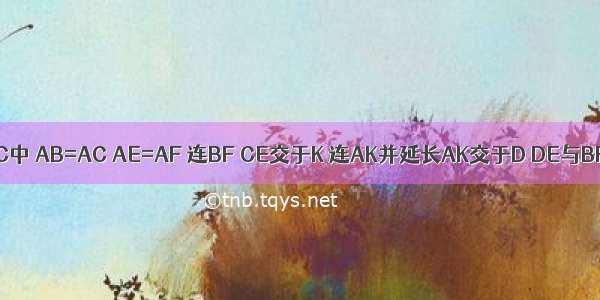 如图所示△ABC中 AB=AC AE=AF 连BF CE交于K 连AK并延长AK交于D DE与BF交于G DF