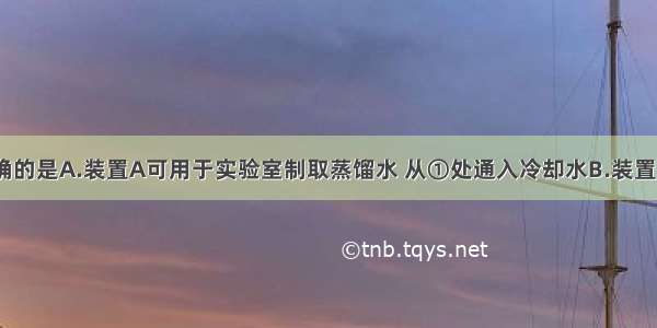 下列说法正确的是A.装置A可用于实验室制取蒸馏水 从①处通入冷却水B.装置B可用于分离