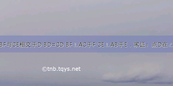 已知：如图所示 BF与CE相交于D BD=CD BF⊥AC于F CE⊥AB于E．求证：点D在∠BAC的平分线上．