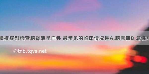 头部外伤后腰椎穿刺检查脑脊液呈血性 最常见的临床情况是A.脑震荡B.急性颅内血肿C.脑