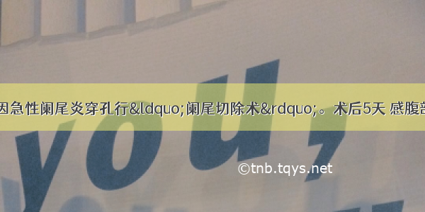 患者男性 36岁 因急性阑尾炎穿孔行“阑尾切除术”。术后5天 感腹部持续性胀痛 伴