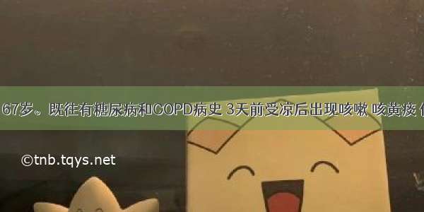 患者男性 67岁。既往有糖尿病和COPD病史 3天前受凉后出现咳嗽 咳黄痰 伴有低热 