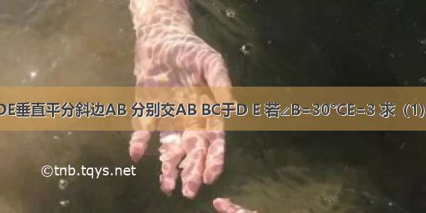 在△ABC中 ∠C=90° DE垂直平分斜边AB 分别交AB BC于D E 若∠B=30°CE=3 求（1）∠AEB．（2）求CB．