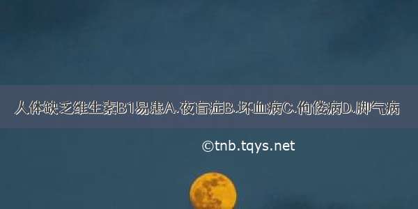 人体缺乏维生素B1易患A.夜盲症B.坏血病C.佝偻病D.脚气病