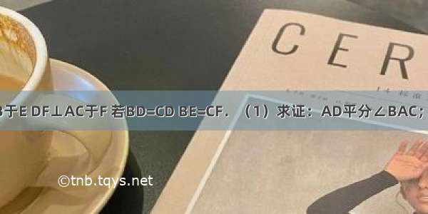 如图 DE⊥AB于E DF⊥AC于F 若BD=CD BE=CF．（1）求证：AD平分∠BAC；（2）直接写