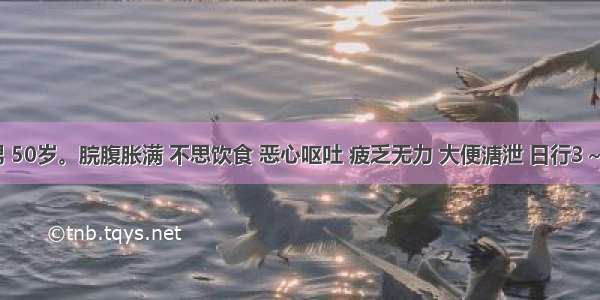 患者 男 50岁。脘腹胀满 不思饮食 恶心呕吐 疲乏无力 大便溏泄 日行3～4次 舌