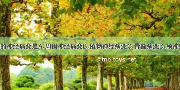 糖尿病最常见的神经病变是A.周围神经病变B.植物神经病变C.骨髓病变D.颅神经病变E.以上