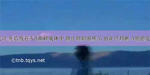 有一支密度计 先后放在A B两种液体中 静止时如图所示 由此可判断 A的密度_______