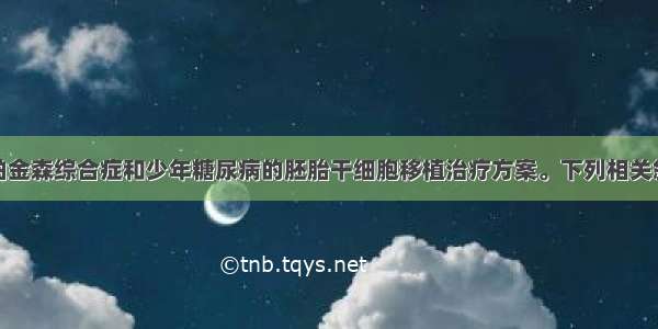 下图所示为帕金森综合症和少年糖尿病的胚胎干细胞移植治疗方案。下列相关叙述错误的是