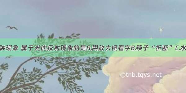 如图所示的四种现象 属于光的反射现象的是A.用放大镜看字B.筷子“折断”C.水中倒影D.手影