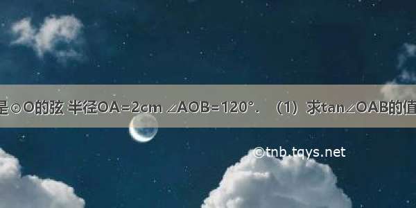 如图 已知AB是⊙O的弦 半径OA=2cm ∠AOB=120°．（1）求tan∠OAB的值；（2）计算S