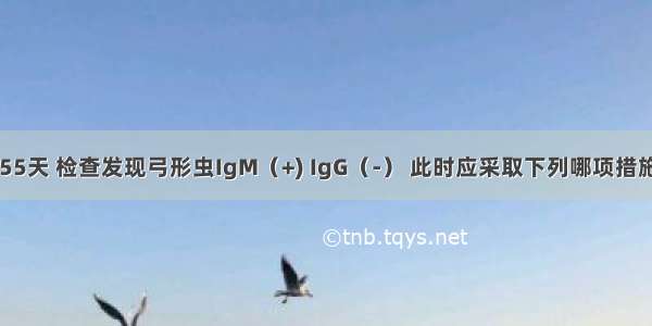 某孕妇 孕55天 检查发现弓形虫IgM（+) IgG（-） 此时应采取下列哪项措施A.终止妊