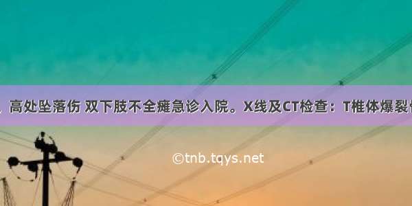 男性 20岁。高处坠落伤 双下肢不全瘫急诊入院。X线及CT检查：T椎体爆裂骨折 碎骨片