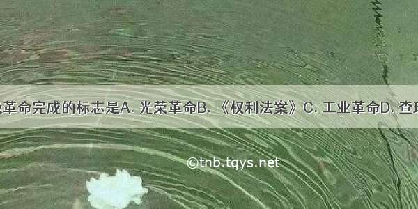 英国资产阶级革命完成的标志是A. 光荣革命B. 《权利法案》C. 工业革命D. 查理一世被处死