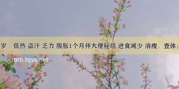 女性 40岁。低热 盗汗 乏力 腹胀1个月伴大便秘结 进食减少 消瘦。查体：右下腹