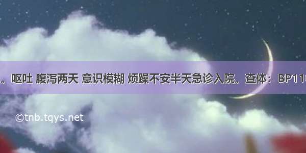 患者男 42岁。呕吐 腹泻两天 意识模糊 烦躁不安半天急诊入院。查体：BP110/70mmHg