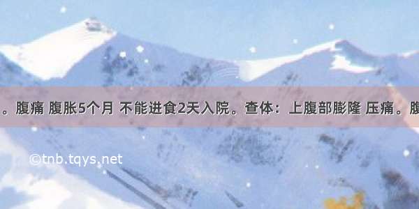 男性 37岁。腹痛 腹胀5个月 不能进食2天入院。查体：上腹部膨隆 压痛。腹部CT检查