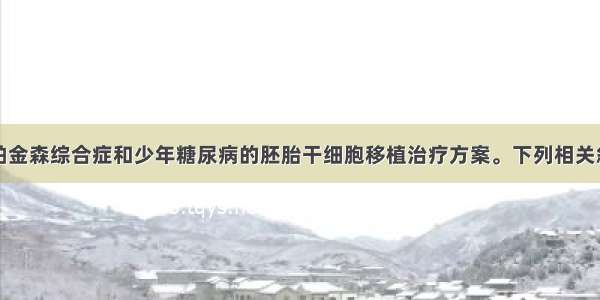 下图所示为帕金森综合症和少年糖尿病的胚胎干细胞移植治疗方案。下列相关叙述错误的是