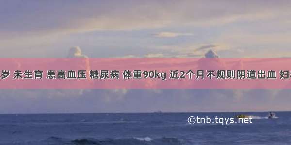 女．62岁 未生育 患高血压 糖尿病 体重90kg 近2个月不规则阴道出血 妇科检查：