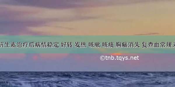 患者经抗生素治疗后病情稳定 好转 发热 咳嗽 咳痰 胸痛消失 复查血常规未见异常