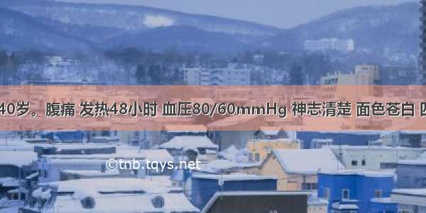 患者 男 40岁。腹痛 发热48小时 血压80/60mmHg 神志清楚 面色苍白 四肢湿冷 