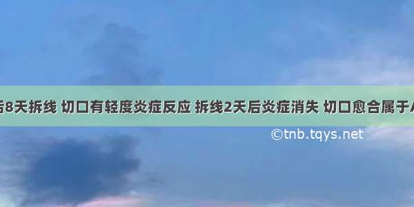 该病人术后8天拆线 切口有轻度炎症反应 拆线2天后炎症消失 切口愈合属于A.Ⅰ类甲级