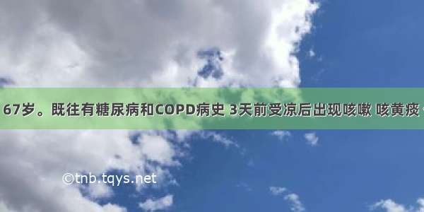 患者男性 67岁。既往有糖尿病和COPD病史 3天前受凉后出现咳嗽 咳黄痰 伴有低热 