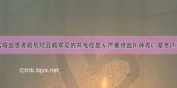 支气管扩张大咯血患者最危险且最常见的并发症是A.严重贫血B.休克C.窒息D.继发感染E.肺