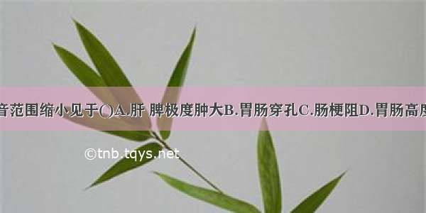 腹部叩诊鼓音范围缩小见于()A.肝 脾极度肿大B.胃肠穿孔C.肠梗阻D.胃肠高度胀气E.人工