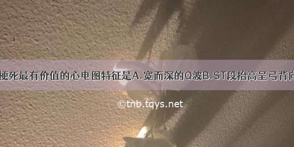 诊断透壁心肌梗死最有价值的心电图特征是A.宽而深的Q波B.ST段抬高呈弓背向上型C.T波倒