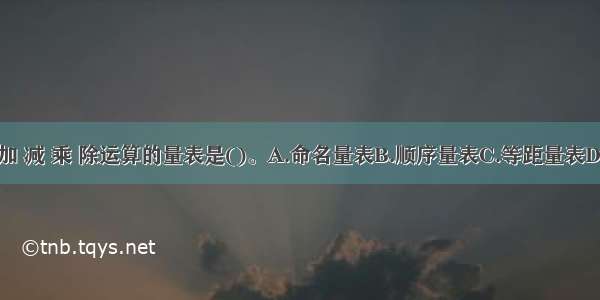 其数值可以进行加 减 乘 除运算的量表是()。A.命名量表B.顺序量表C.等距量表D.等比量表ABCD