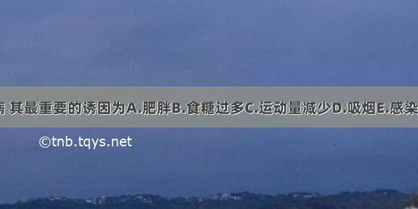 关于2型糖尿病 其最重要的诱因为A.肥胖B.食糖过多C.运动量减少D.吸烟E.感染和应激ABCDE