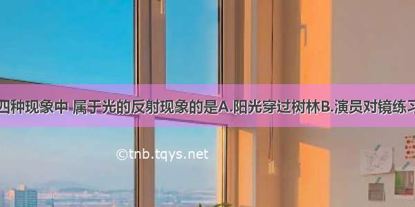 如图所示的四种现象中 属于光的反射现象的是A.阳光穿过树林B.演员对镜练习动作C.木工