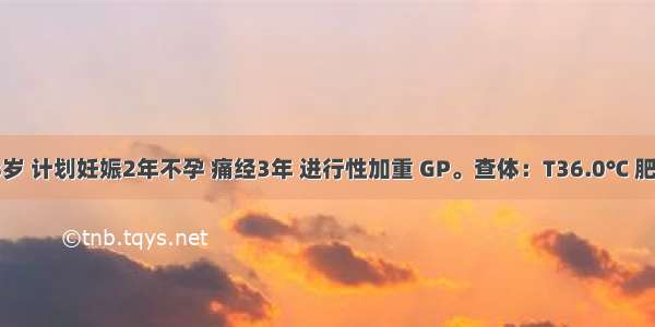 女性 28岁 计划妊娠2年不孕 痛经3年 进行性加重 GP。查体：T36.0℃ 肥胖体态；