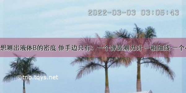 小东同学想测出液体B的密度 他手边只有：一个弹簧测力计 一根细线 一个小石块 两