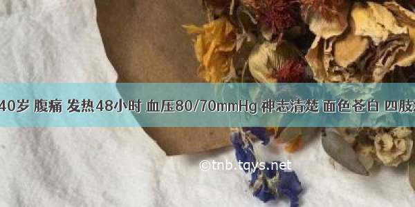 患者男 40岁 腹痛 发热48小时 血压80/70mmHg 神志清楚 面色苍白 四肢湿冷 全